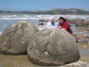My mother, Sally, and I at Moeraki Boulders in New Zealand